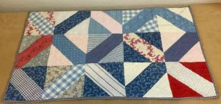 Vintage Patchwork Small Quilt,  Triangles,  Early 1900’s,  Hand Quilted,  Red,  Blue