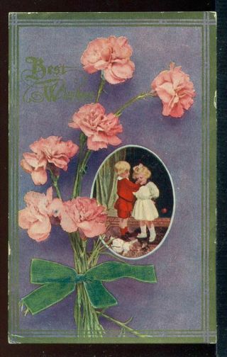 Best Wishes Young Boy And Girl Pink Carnations Vintage 1910 Postcard
