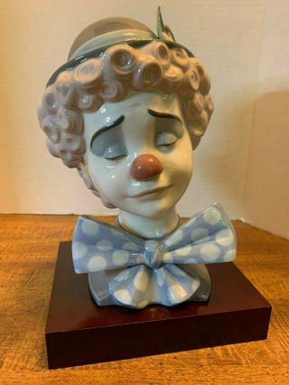 1988 Lladro Sad Clown Large Bust On Wood Stand 5611