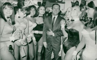 Hugh Hefner With Playboy Bunnys - Vintage Photo