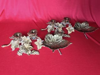 Antique Brass Candle Holders Leaves & Grapes