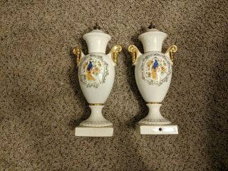 Antique Pair Ceramic Porcelain Table Lamp Vases Urns Peacock Floral Gold Trim