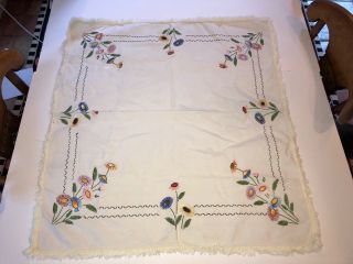 Vintage Hand Embroidered Floral Square Table Cloth 30 X 33