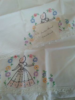 Pair Hand Embroidered Pillowcases Pink Crinoline Lady Southern Belle Flowers