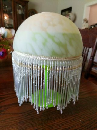 Tiffany Style 7.  5 " Wide 5 " Tall White Spott Glass Lamp Shade With Beaded Fringe