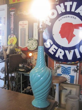 Mid Century Modern Aqua Turquoise Ceramic Table Lamp With Danish Accent