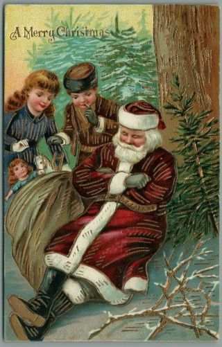 Santa Claus Sleeping Children In Woods Toy Sack Antique Christmas Postcard - C927