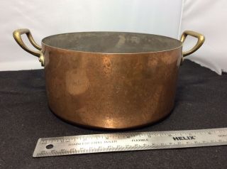 Vtg French Copper Stew Pot Pan Casserole W/brass Handles Art Cuisine No Lid