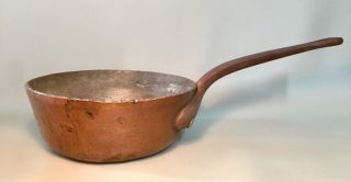 Antique Solid Copper Pan W/ Tin Lining & Cast Iron Handle 7” Dia 3.  15 Lbs