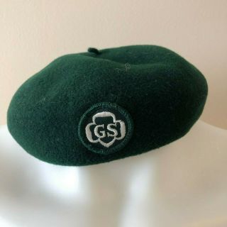 Vintage Girl Scout Green Wool Beret Hat With Patch Made In England