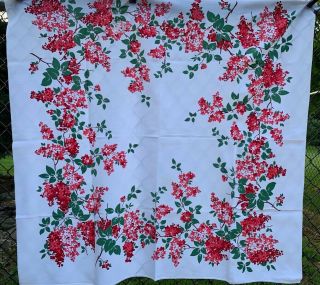 Vintage Cotton Tablecloth 40s50s Pretty Pink Red Lilacs 50 X 50