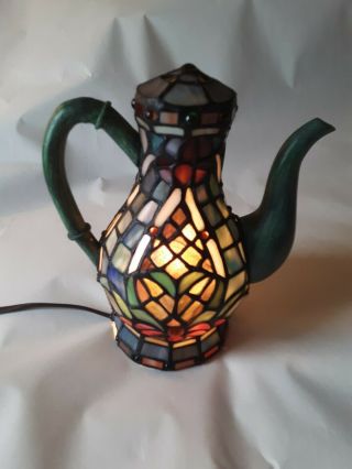 Vintage Tiffany Style Stained Glass Teapot Lamp Nightlight Table Light