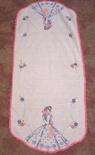 Vintagetable Runner Embroidered Southern Belle W Hand Fan Pink Edging