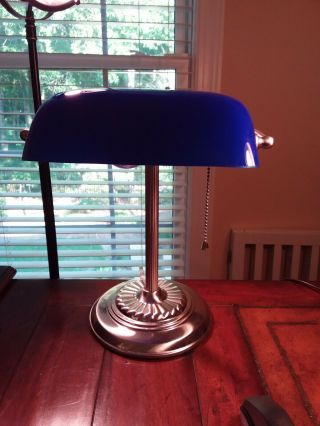 Royal Blue Bankers / Piano Chrome Desk Lamp Glass Shade - Type A Max 60