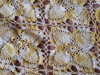 Vintage Hand Crocheted Yellow Floral Pineapple Bedspread Tablecloth Sz 93 X 93