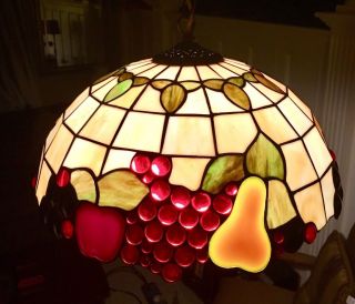 Vintage Tiffany Style Hanging Ceiling Fruits Stained Glass Lamp Shade 16” D