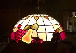 Vintage Tiffany Style Hanging Ceiling Fruits Stained Glass Lamp Shade 16” D 6