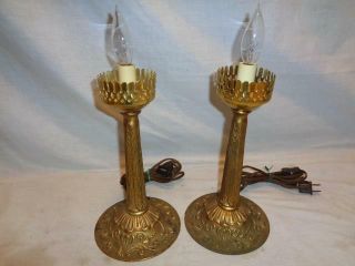 Vintage Pair (2) Electric Cast Metal Brass Tone Ornate Table Lamps Victorian