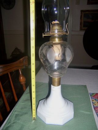 Antique Large Cut And Etched Glass Pear Shape Oil Lamp Milk Glass Base