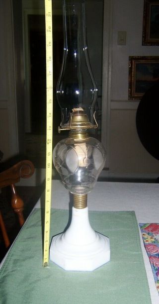 ANTIQUE LARGE cut and etched GLASS pear shape OIL LAMP MILK GLASS BASE 2