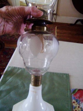 ANTIQUE LARGE cut and etched GLASS pear shape OIL LAMP MILK GLASS BASE 3