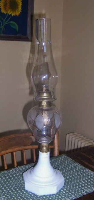ANTIQUE LARGE cut and etched GLASS pear shape OIL LAMP MILK GLASS BASE 5