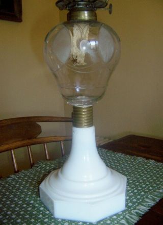 ANTIQUE LARGE cut and etched GLASS pear shape OIL LAMP MILK GLASS BASE 6