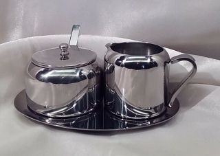 Stainless Steel Bistro Style Sugar Bowl W/lid And Creamer With Tray