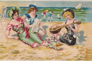 Beauties On The Beach,  One With Mandolin,  Novelty Post Card Co 1907