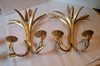 Mcm Italian Gold Gilt Metal " Wheat " Pair 2 Wall Sconces Double Candle Holders