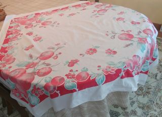 Vintage Stamped Red Teal Tablecloth 48 " X 48 " Fruit Flowers