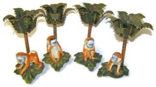 Hollywood Regency Petite Choses Ceramic Monkey & Palm Tree Candlestick Set Of 4