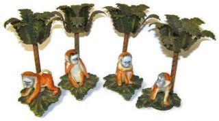 Hollywood Regency Petite Choses Ceramic Monkey & Palm Tree Candlestick Set of 4 3