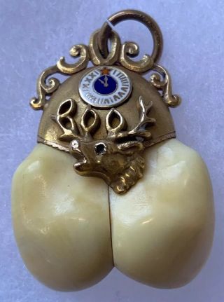 Antique Bpoe Double Elks Tooth Pendant Enamel 11th Hour Clock Gold