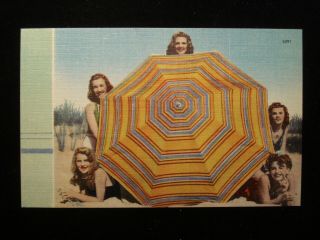 Vintage Linen Postcard Pretty Girls Bathing Beauties On Beach Large Umbrella