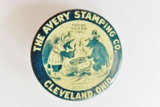 Rare Early Pin Avery Stamping Co Teddy Bears Roosevelt Cleveland Oh Advertising