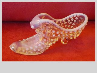 Vintage Fenton Hobnail White Opalescent Glass Slipper Shoe W/cat Head