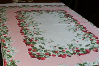 Vintage Fab Cotton Kitchen Tablecloth Strawberries & Blossoms 50x60