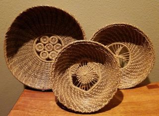 Vintage Set Of 3 Native Tribal Hand Woven Pine Needle Baskets