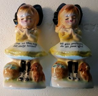 Vintage Enesco Prayer Lady Girl Salt And Pepper Shakers Yellow Set