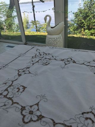 Vintage White Embroidered Cut Linen Tablecloth,  Wedding Shower Gift,  Bed Throw
