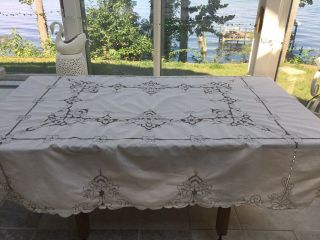 Vintage White Embroidered Cut Linen Tablecloth,  Wedding Shower Gift,  Bed Throw 3