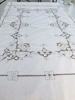 Vintage White Embroidered Cut Linen Tablecloth,  Wedding Shower Gift,  Bed Throw 4