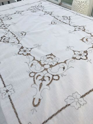Vintage White Embroidered Cut Linen Tablecloth,  Wedding Shower Gift,  Bed Throw 5
