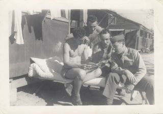 Vintage Photo Four Military Buddies Shirtless Guys Soldiers On Cot Bed Gay Int