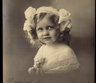 Edwardian Child Girl Big Eyes Close Up Hair Bows.  Old Photo Postcard 1910s