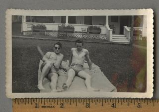 Vintage Gay Interest Photo 2 Handsome Shirtless Men Checking Out Bulge Swimsuit