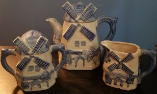 Vintage Windmill Teapot W/ Lid Creamer And Sugar Bowl W/ Lid,  Japan White Blue