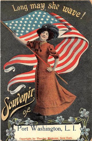 1908 Girl With Us Flag Souvenir Of Port Washington Li Ny Post Card