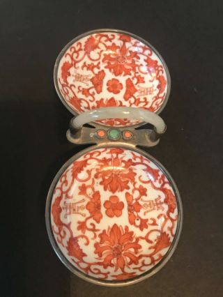 Antique Chinese Pewter Dish With Jade Handle Carnelian Trinket Double Dish Round